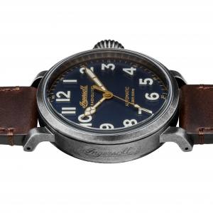 Ingersoll DISCOVERY I04803 Herrenuhr The Linden Automatikwerk Edelstahl poliert Ziffernblatt Blau Lederarmband Braun matt